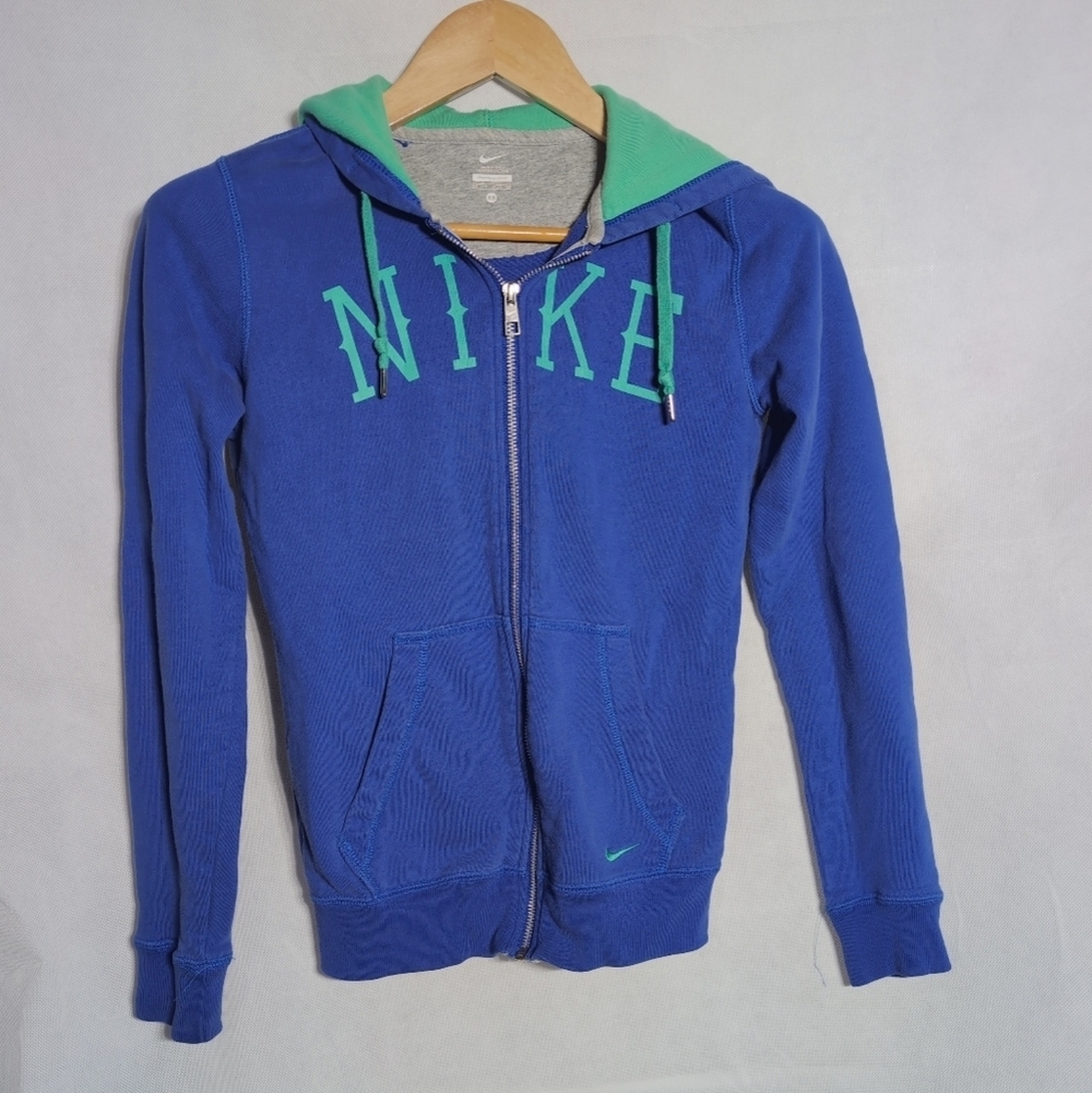 Nike Logo Text Women's Blue and Green Zip-Up Hoodie